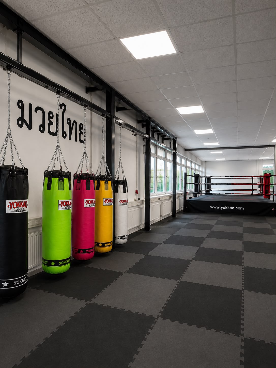 Sandsäcke und Boxring im MTM Muay Thai Studio