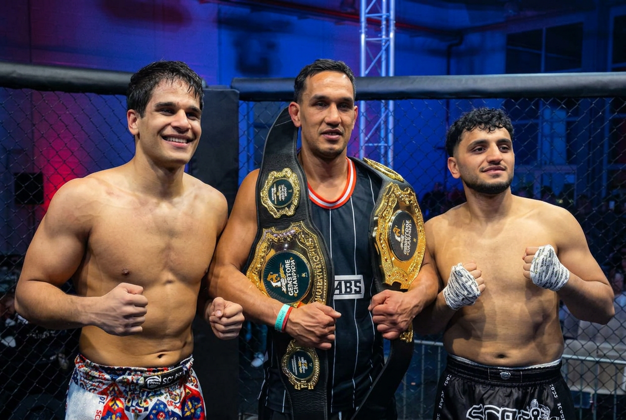 Merlin Fröhner mit zwei Athleten und Championship-Gürteln nach dem Wettkampf